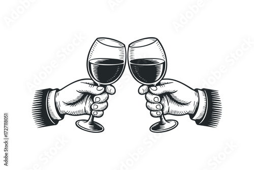 Two hands toasting with wine glasses. Vector hand drawn illustration