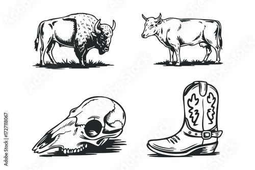 Bison Cow Skull and Cowboy Boot Collection. Vector hand drawn illustration