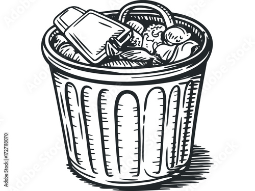 Overfilled trash can with various items overflowing. Vector hand drawn illustration