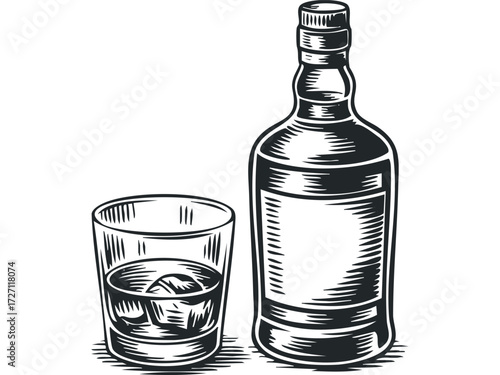 Bottle of Spirit with Glass of Ice Cubes. Vector hand drawn illustration
