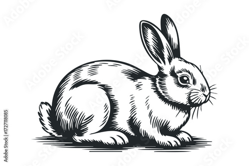 Engraved Rabbit Sitting on White Background. Vector hand drawn illustration