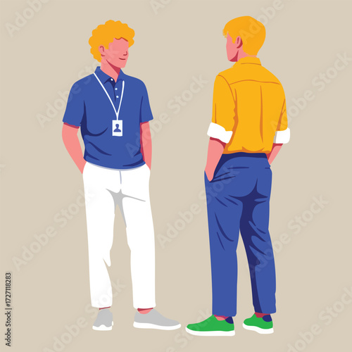 Two men are talking to each other in a casual setting, vector illustration