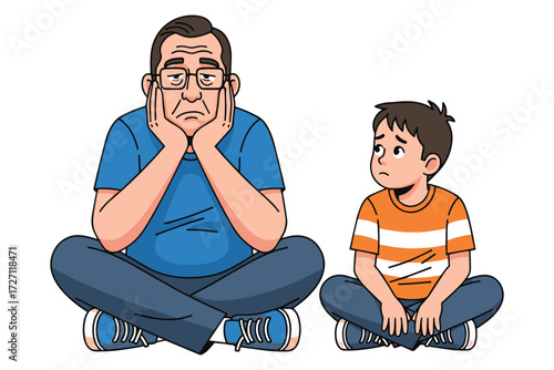 A sad father and son isolated on white background sit with gloomy expressions, representing family issues, emotional distress, and communication breakdown vector