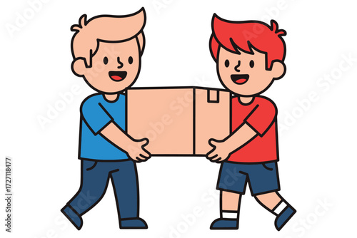 Two cheerful young men are carrying a cardboard box together, isolated on white background, showcasing teamwork and cooperation in a friendly manner vector