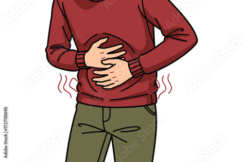 A man is experiencing stomach pain, clutching his abdomen in discomfort, isolated on white background, indicating illness or digestive issues with visible waves vector