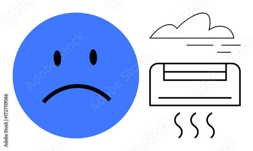 Sad face represents discomfort. Air conditioner and cloud suggest issues with heating, cooling, or airflow. Ideal for themes of climate discomfort, HVAC, energy efficiency, weather, emotions