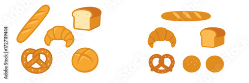 Different types of bread and baked goods displayed in a simple and colorful style