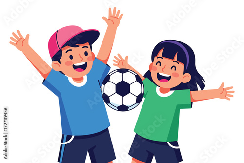 Two cheerful children joyfully celebrate with a soccer ball, isolated on white background, radiating happiness and enthusiasm for the game and teamwork vector