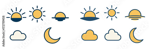 Sun and moon icons representing different times of the day and weather conditions in a simple design