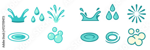 Water splash and droplet graphics showing various designs suitable for digital projects