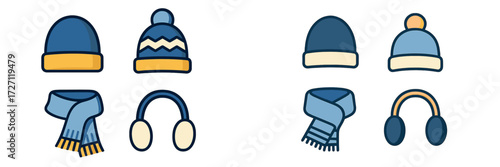 Winter accessories such as hats, scarves, and earmuffs arranged in a colorful display for cold weather fashion