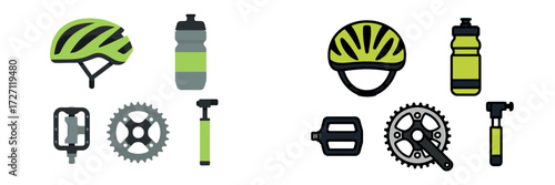 Cycling accessories including helmet, water bottle, and tools for maintenance and safety during rides