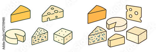 Different types of cheese displayed on a white background for educational purposes