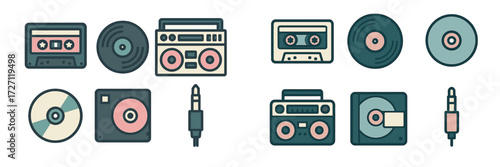 Different types of music players and recording media from various eras, showcasing their designs and features