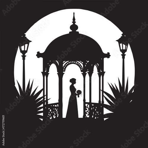 Silhouette of bride in gazebo with bouquet and lampposts