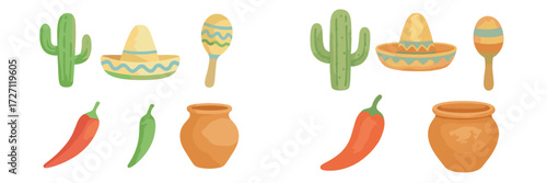Colorful art elements representing Mexican culture with sombreros, maracas, cacti, and chili peppers for festive design