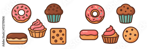 Colorful assortment of desserts featuring donuts, cupcakes, and cookies on a simple white background