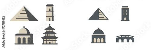 Various architectural symbols representing famous landmarks around the world including pyramids, towers, and bridges