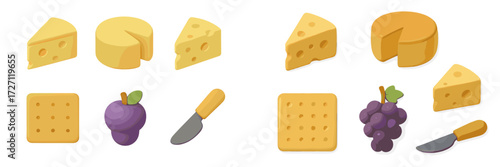 Various types of yellow cheese and purple fruit on a simple background showcasing kitchen tools