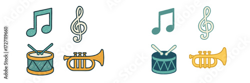 Music notes and instruments illustrated in simple style, showcasing harmony and rhythm in a playful design