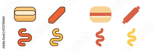 Simple and colorful illustrations of various hot dog styles and condiments designed for food-related themes