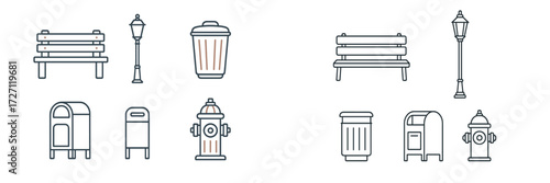 Variety of urban street furniture including benches, lamps, and trash cans in a simple line art style