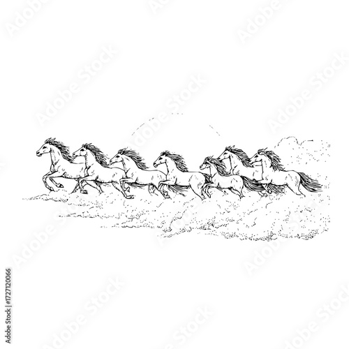 Seven horses running together in a line with a cloud background in a black and white drawing style