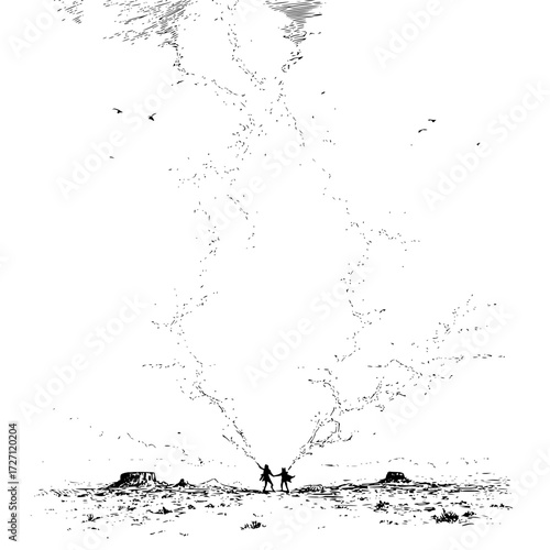 Two figures casting a spell in a desolate landscape with birds flying above and stormy skies overhead