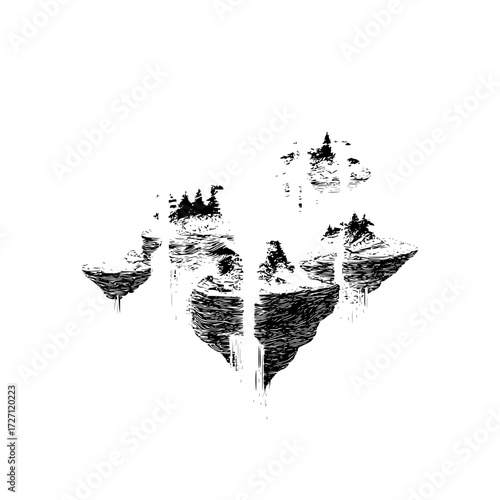 Illustration of floating islands with trees and waterfalls in black and white ink drawing style art