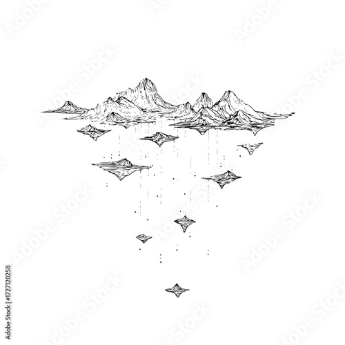 A black and white drawing of mountains with floating islands and vertical lines connecting them together