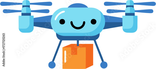Cute blue cartoon delivery drone with a smiling kawaii face carrying an orange package.