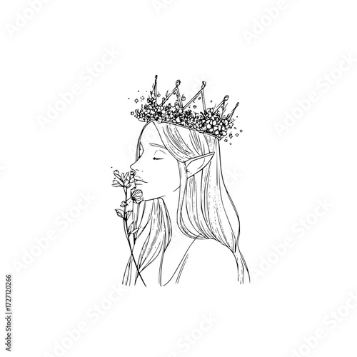 Elf woman with flower crown smelling a flower in black and white line art style illustration profile view