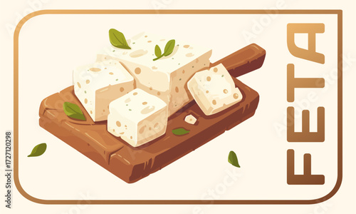 Feta cheese on a cutting board vector icon isolated on white background. A delicious dairy delight cartoon illustration. Block of feta cheese with a slightly crumbled texture. 