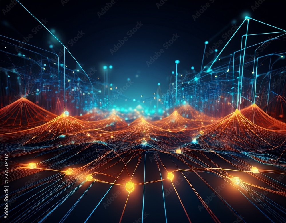 Obraz premium Dynamic abstract visualization of interconnected data streams and glowing nodes, representing digital networks and global connectivity in a futuristic cyberspace.