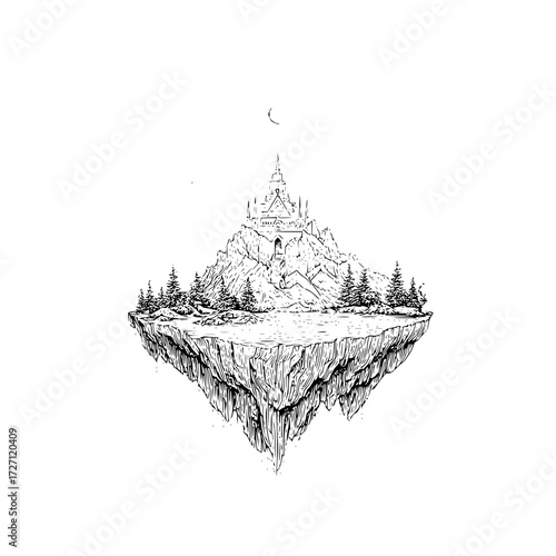 Illustration of a floating island with a castle on a mountain under a crescent moon in black and white