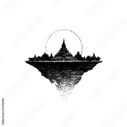 A monochrome illustration of a temple complex atop a floating landmass with a circular halo behind it