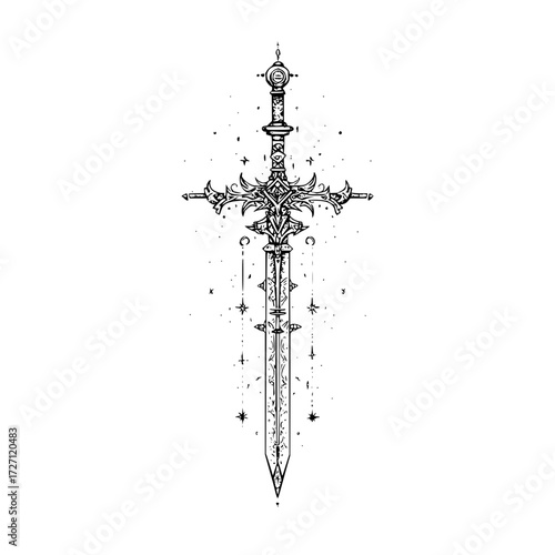 Detailed line art illustration of a fantasy sword with intricate designs and decorative elements around it