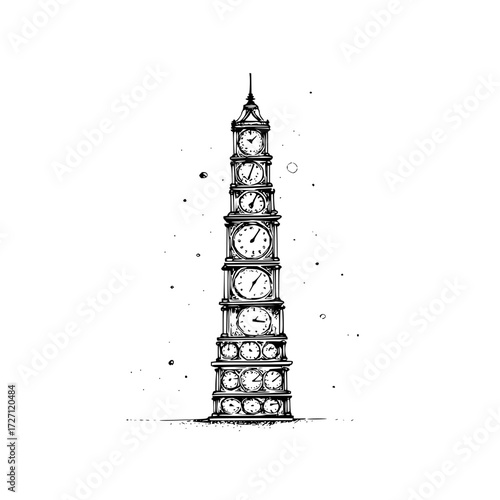 A whimsical tower of stacked clocks in black and white illustration style with varied time displays