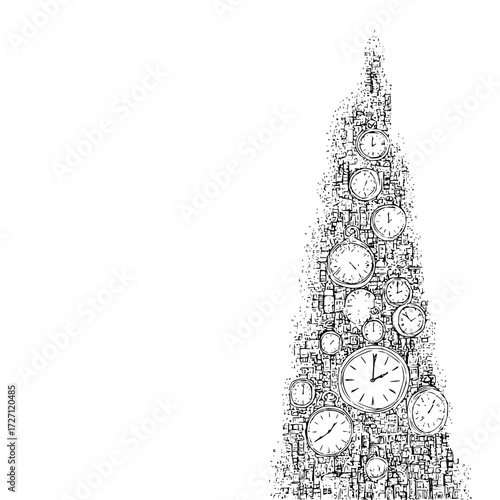 Illustration of a christmas tree shape filled with clocks and abstract geometric patterns in black and white