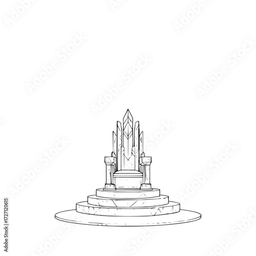 Illustration of a throne with a high back and steps leading up to it in a black and white drawing