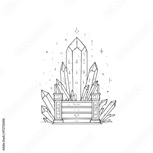 A throne made of stone and crystals with symbols and a star above it in a line art drawing style