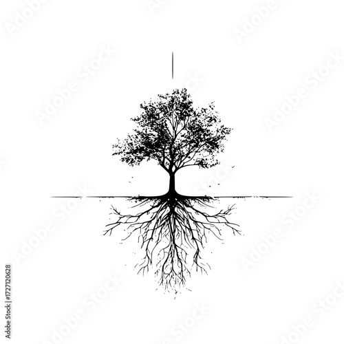 A silhouette of a tree with detailed roots extending below a line on a white background is shown here