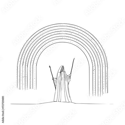 A cloaked figure stands beneath a layered archway holding staffs in a minimalist black and white drawing