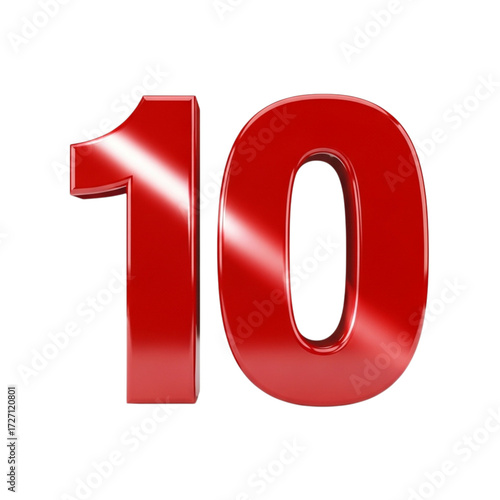 Shiny red number ten with white highlights isolated on transparent background