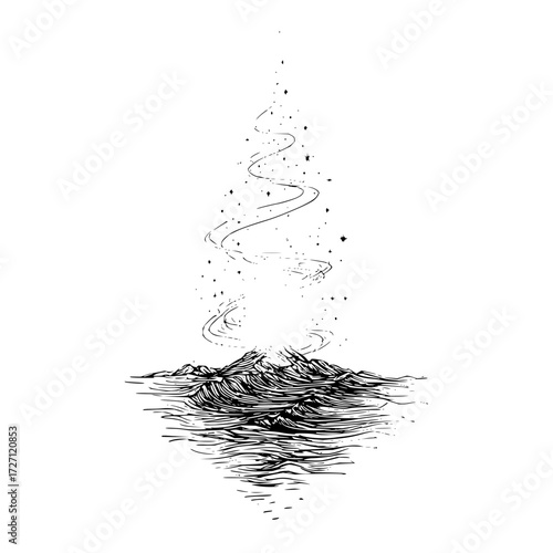 Illustration of a mountain range emerging from water with swirling lines and stars above it in black and white