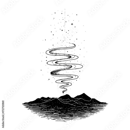 Illustration of a mountain range with a swirling vortex of stars above it in black and white style