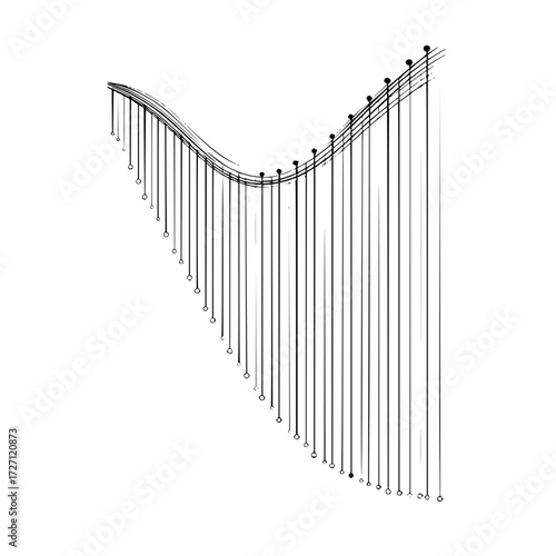 Abstract illustration of a harp with multiple strings and black and white circular accents at the ends