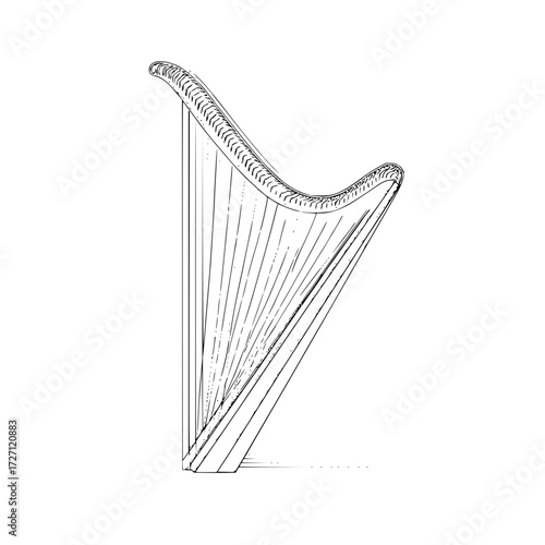 A detailed line drawing of a concert harp with visible strings and a curved neck and base design element
