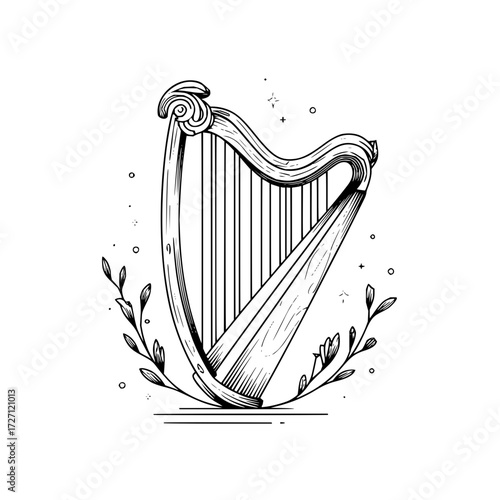 Elegant harp with floral accents in a detailed black and white line drawing illustration style design
