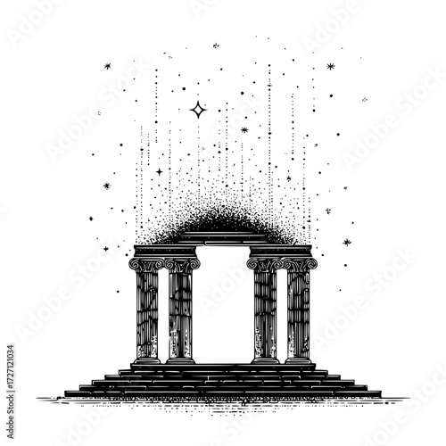 Illustration of a classical greek temple entrance with stars and dots falling from above in black and white